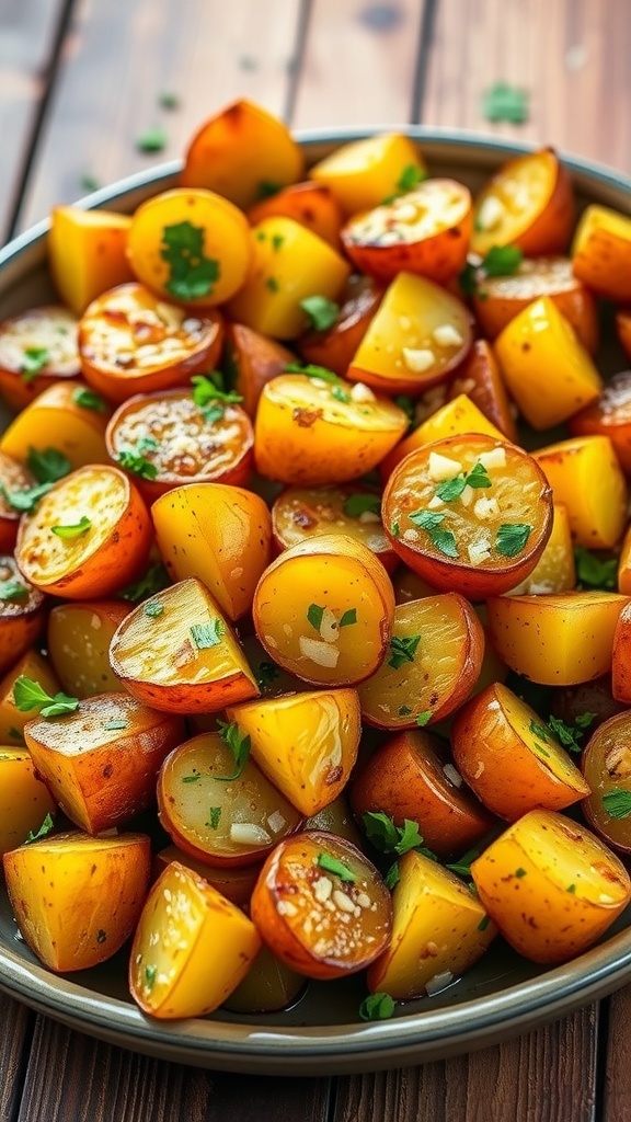 A platter of crispy garlic roasted potatoes garnished with parsley on a wooden table.